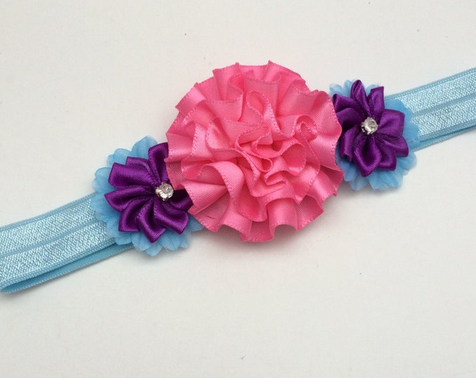 Flower headband, Blue Purple & Pink Peony Stretch Headband, photo prop headband, pink flower headband, baby shower gift