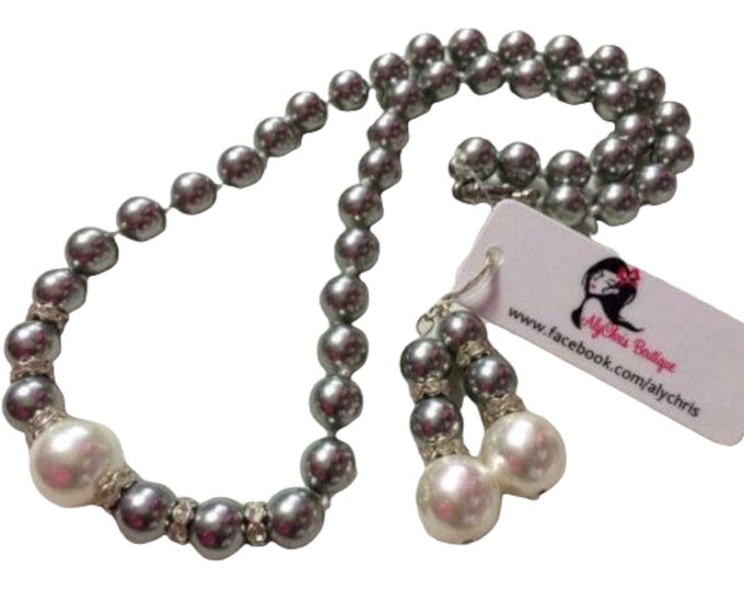 Grey & White Faux Pearl Necklace Earring, Bridal Jewelry, Prom Jewelry, Jewelry Set, Pearl Necklace, Pearl Earrings, Classic Pearl Jewelry