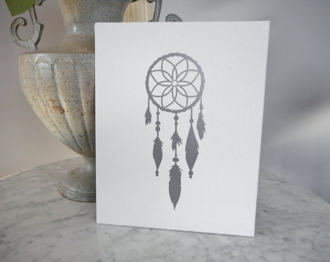 Silver Dream Catcher Print on Canvas Panel, Feather Art, Native Decor, Dream Catcher Wall Hanging, Dream Catcher Wall Art, Bohemian Print