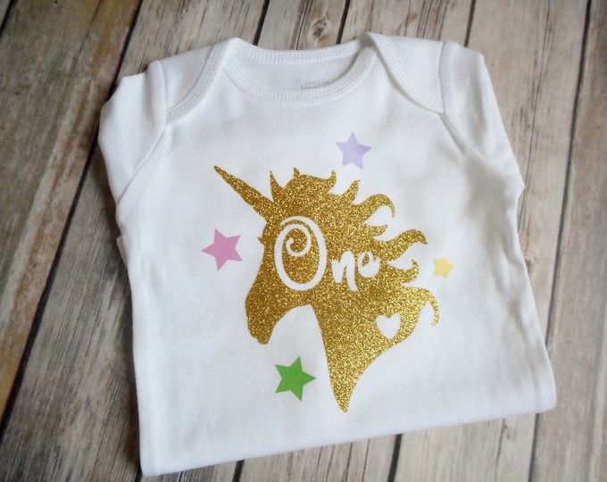 Gold Glitter Unicorn First Birthday One Shirt