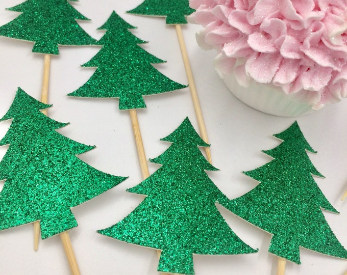 Christmas Cupcake Toppers, Tree Glitter Cupcake Toppers, Holiday Cupcake Decorations, Christmas Table Decorations, Desert Table Decor