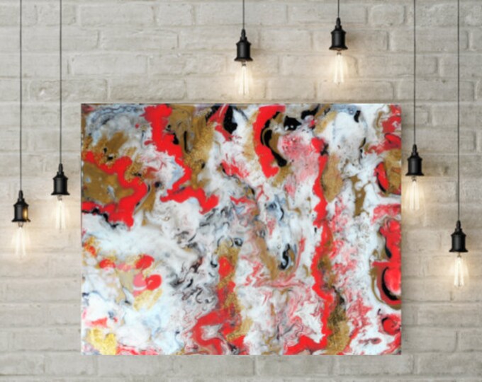 Resin Canvas, Abstract Canvas Art in Shades of Gold White and Coral, Resin on Canvas, Coral and Gold Decor, 16x20, Gold Wall Decor, Modern