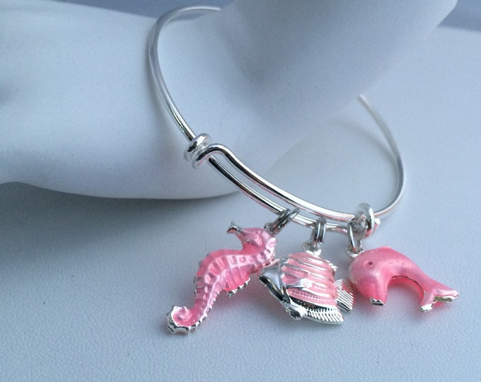 Ocean Nautical Charm Bracelet, Pink charm bangle, Dolphin bangle, Sea horse bracelet, nautical charm jewelry, Beach jewelry