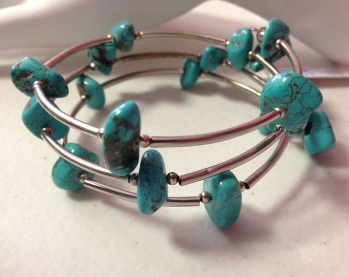 Turquenite Chip Gemstone Memory Wrap Bracelet; blue jewelry, plus size bracelet, Boho bracelet, Memory Wire Bracelet