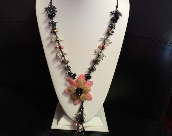 Long Pink Mother of Pearl Shell Necklace, Beaded Pendant, Knotted Cord Necklace & Earring Set, Flower Pendant Necklace,