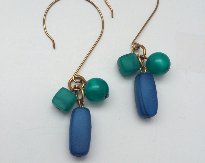 Blue & Green Beaded drop earrings, frosted bead earrings, bohemian earrings, Dangle earrings, Long Dangle Earrings
