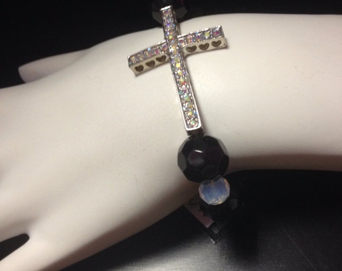 5 1/2" Faceted Black Onyx Gemstone AB Crystal Cross Bracelet