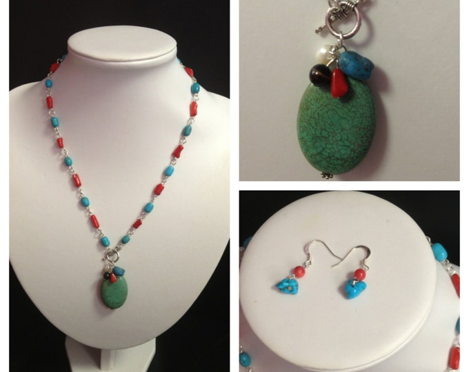 Turquenite & Coral Link Pendant Necklace Set; Blue stone necklace, Mixed Gemstone Necklace, Necklace Set, Stone Jewelry, Southwest Jewelry