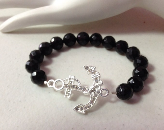 Anchor Charm Faceted Black Onyx Bead Bracelet, Nautical jewelry, Anchor jewelry, Onyx Bracelet, Protection stone, Black stone bracelets