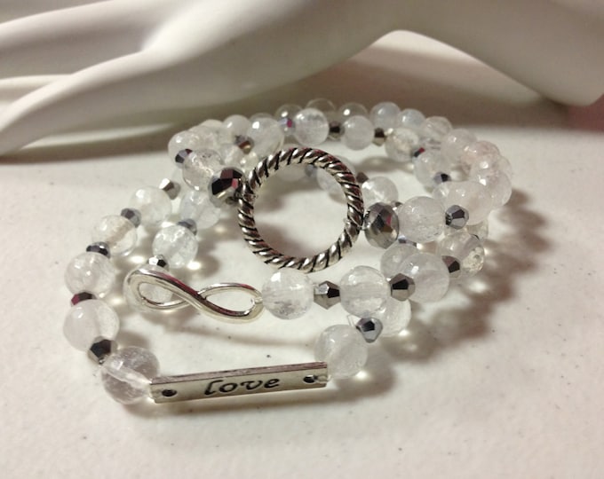 Love,Infinity, Karma Faceted Glass Bead Bracelet Set; karma bracelet. infinity charm, gifts for her, crystals, Stamped jewelry