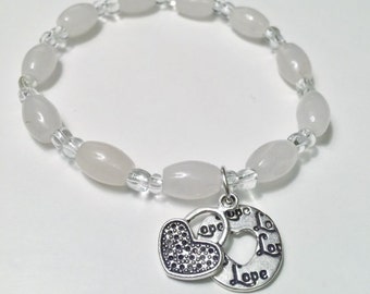 White Jade & Crystal Gemstone heart love Charm Bracelet; luck stone, Reiki, jade bracelet, gifts, heart charm, valentines, gifts for her