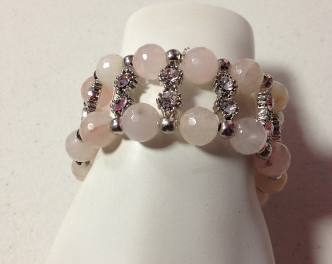 Multi Row Rose Quartz Gemstone & Crystal Bracelet, chunky bracelet, pink stone bracelet, pink beaded bracelet, Rose Quartz Stretch Bracelet