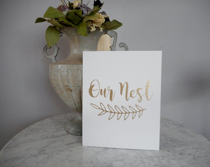 Our Nest Print on White Canvas Panel Wall Art, Our Nest Wall Art, Gold Decor, Housewarming, Quote Art Print, Gold & White Wall Decor