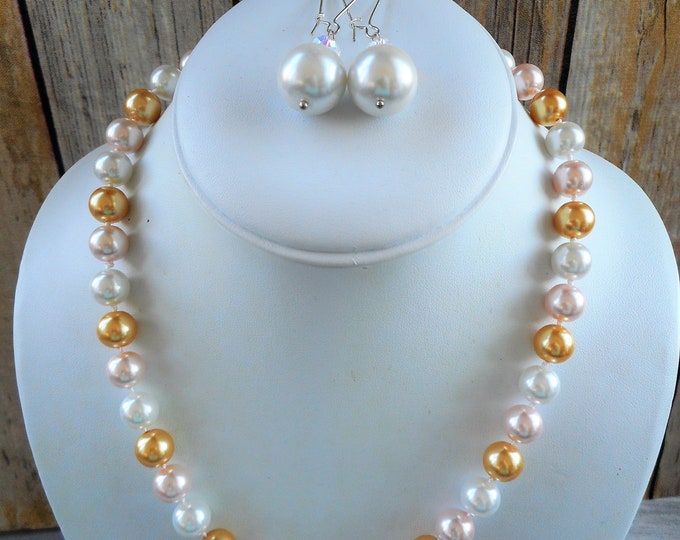 Faux Pearl Necklace Set, Pink Gold White Pearl Necklace, Bridal Jewelry, Prom Jewelry Set, Pearl Beaded Necklace, Jewelry for Easter