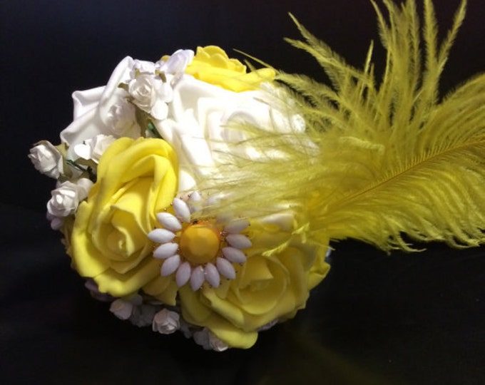 White & Yellow Rose Feather Toss bouquet, flowergirl bouquet, small bouquet, throw bouquet, wand bouquet, flowergirl wand, photography prop