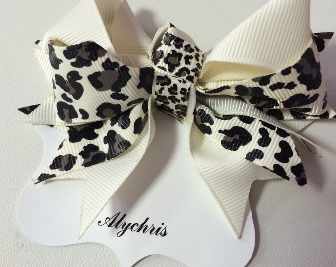 Ivory & Cheetah Print Ribbon Bow Hair Clip, Animal print hair clip, Bow hair clip