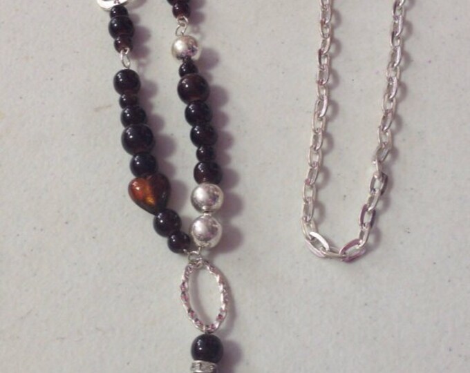 Burgundy Acrylic Bead Glass Heart  Charm Necklace, Beaded necklace, Long necklace, layering necklace, leaf charm jewelry