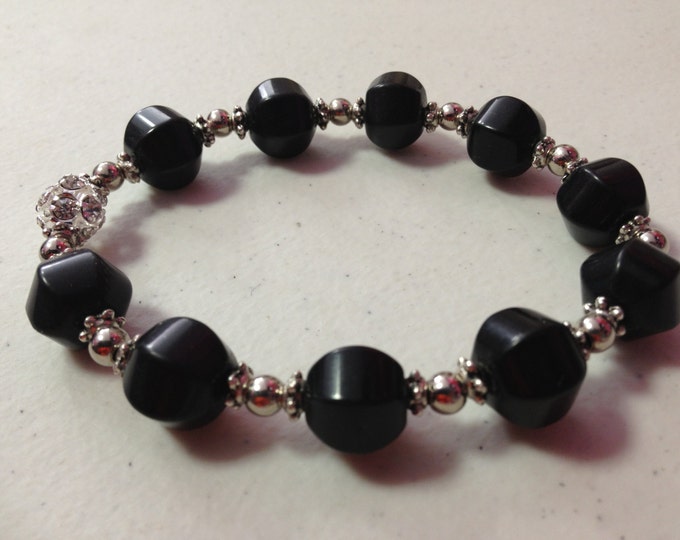 Black Onyx 12mm Stretch Bracelet, Crystal Detail