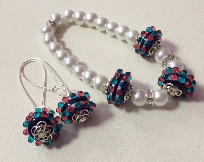 Multi Color Lampwork Beaded Crystal Faux Pearl Bracelet Earring Set