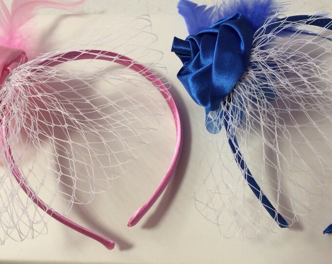 Flower girl Rolled Satin Rose Feathered Veil Headband, Pink Flower Headband, Blue Flower Headband, Rose Headband