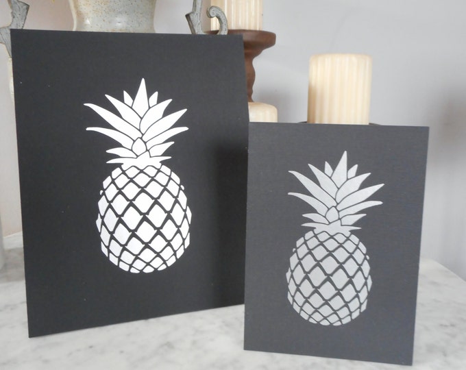 Pineapple Print on Black Canvas Panel Wall Art, Pineapple Art, Pineapple Print, Pineapple Decor, Silver & Black wall decor, tropical decor