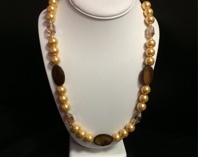 Yellow Glass Pearl Crystal & Brown Mother of Pearl Shell Necklace Earring Set, Pearl Set, Beaded Necklace Set, Shell Jewelry, Pearl Jewelry