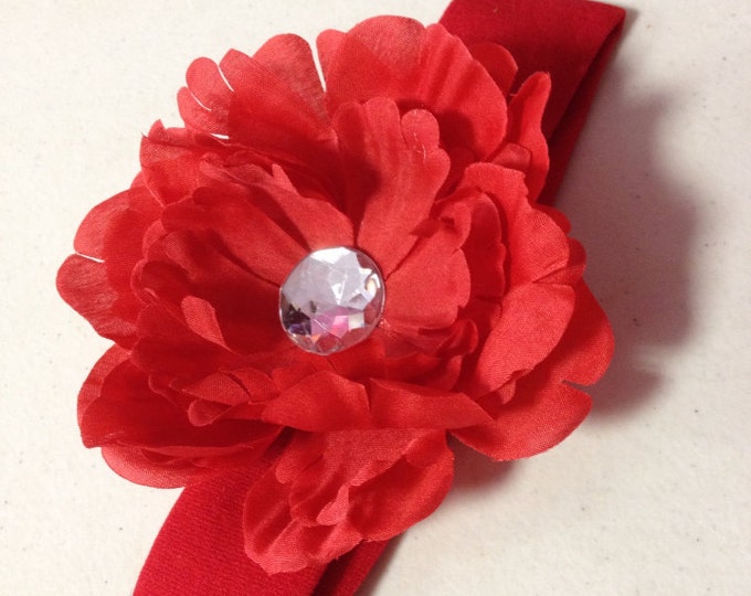 Red Crystal Peony Nylon Stretch Headband, Flower headbands, Girls headband, Red headband, baby headbands, toddler headband,