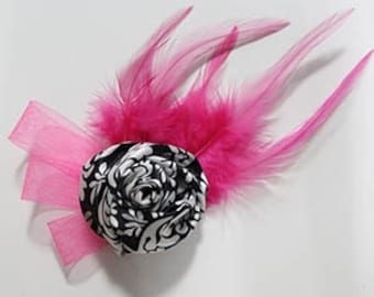 Damask Print Rolled Rose and Hot Pink Feather Hair Clip