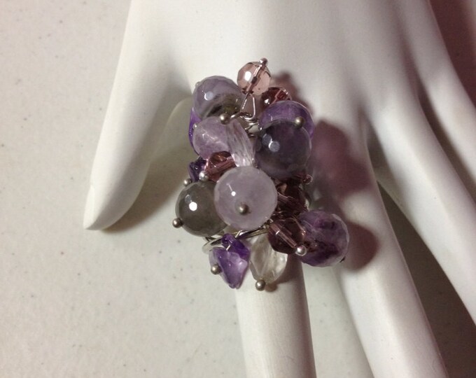 Amethyst Gemstone Beaded Ring, Purple Stone Ring, Dangle Ring, Gemstone Ring, Purple Amethyst Crystal Ring, Purple Stone Jewelry