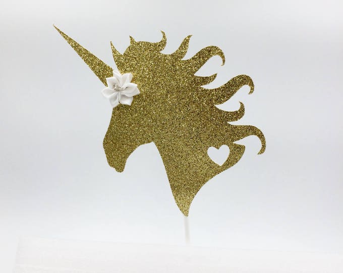 Unicorn Head Cake Topper, Gold & White Cake Topper, Glitter Cake Topper, Party Decorations, Birthday Cake Topper, Gold Unicorn,