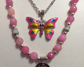 Hope & Strength Affirmation Butterfly Charm Faceted Pink Jade Necklace