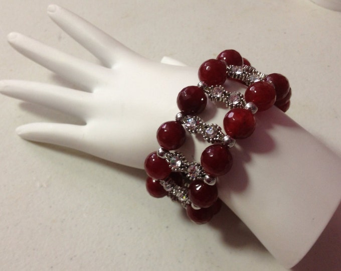 Multi Row Faceted Red Jade Gemstone & Crystal Bracelet 7", Red Beaded Bracelet, Gemstone Bracelet, Statement jewelry,