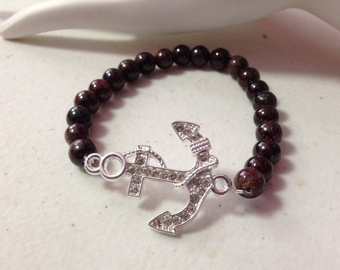 Garnet Bracelet, Anchor charm Garnet Gemstone Bead Crystal Bracelet; january birthstone, anchor jewelry, gifts