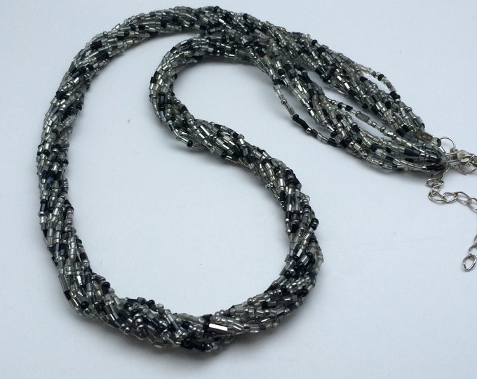 Black & Silver Multi Strand Twisted Seed Bead Necklace, Seed bead jewelry, Boho Necklace, Beaded Necklace