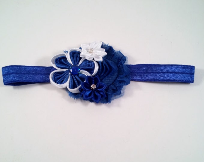 Navy & White Tattered Rose headband, Stretch Headband, photo prop headband, Navy headband, baby shower gift