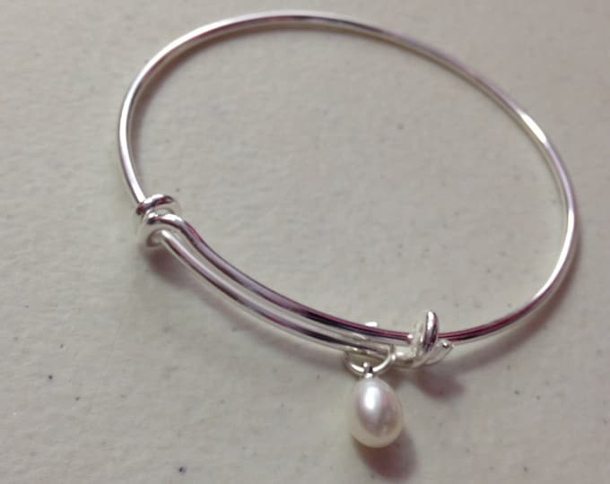 Cultured Freshwater Pearl Charm Silver tone Bangle; Charm jewelry, Bridesmaids gifts, Gifts for her, Charm Bracelet, Pearl Jewelry