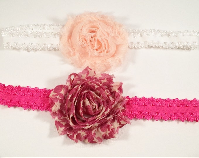 Peach & Star Tattered Rose headband set, Flower Stretch Headband, photo prop headband, toddler flower headband, baby shower gift