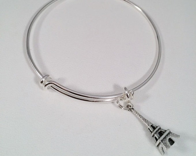 Eiffel Tower Charm Bangle, Paris travel, Eiffel tower charm, Silver Eiffel Tower Bangle Bracelet, Eiffel tower jewelry, Personalized Jewelry