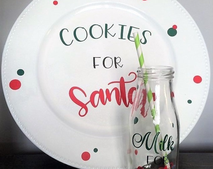 Cookies for Santa Plate, Santa Cookie Plate, Treats for Santa plate, Santa cookie plate, Christmas decor, Milk for Santa Glass Bottle