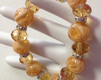 Faceted Yellow Crystal & Peach Glass Bead Bracelet, Chunky bracelet
