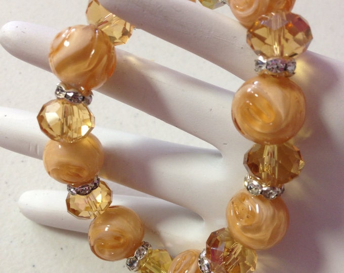 Faceted Yellow Crystal & Peach Glass Bead Bracelet, Chunky bracelet