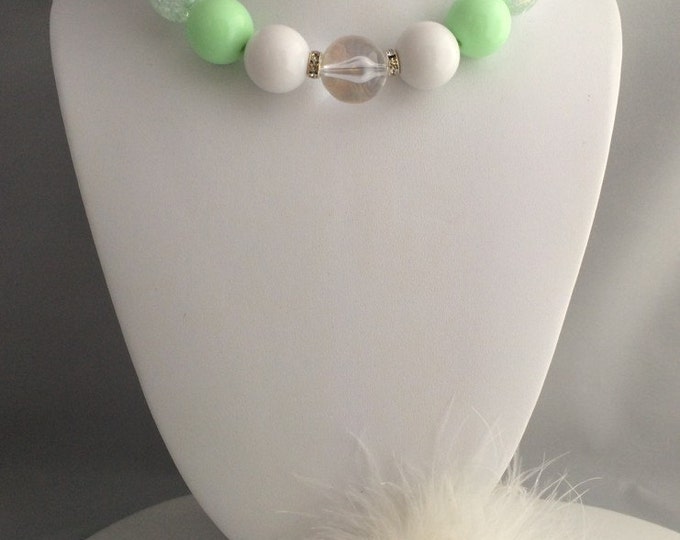 Mint & White Bubblegum Beaded Necklace Marabou Clip Gift Set - bubblegum jewelry, Birthday necklace, Baby photo prop