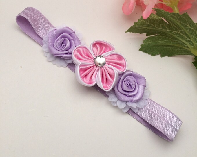 Lavender Flower headband, Lavender & Pink Stretch Headband, photo prop headband, Baby headband, baby shower gift, Floral Headband, boho