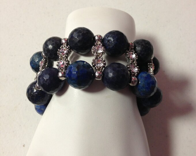 Lapis Bracelet, 6" 2 Row Faceted Lapis Lazuli Gemstone & Crystal Bracelet, Gemstone Bracelet, Blue Stone Bracelet, Rhinestone Bracelet