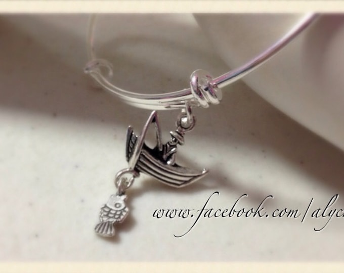 Fisherman on a Boat Charm Bangle, nautical charm bangle, Fishing charm bangle