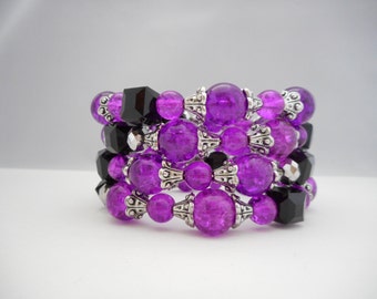 Purple Crackle Glass & Crystal Memory Wire bracelet, Glass Beaded Wrap Bracelet, Boho jewelry, Chunky Bracelets, Bali Bracelet