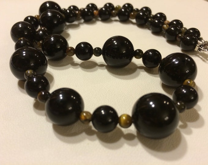 Black Onyx & Tiger Eye Gemstone Necklace; Reiki, Tiger eye necklace, Gifts for her, chakra, Onyx necklace