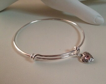 Pink Crystal Heart Charm Bangle, October birthstone jewelry, Pink Charm Bangle