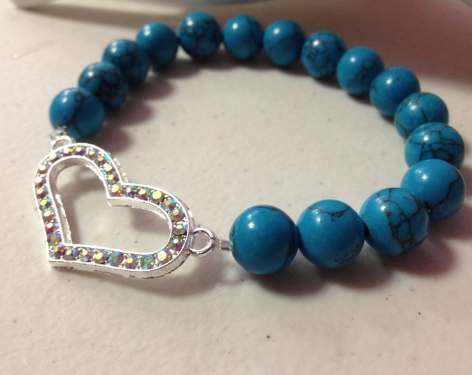 Heart Bracelet, 6 1/2" AB Crystal Pave Heart Charm Turkey Turquoise Gemstone Bead Bracelet, Beaded Bracelet,