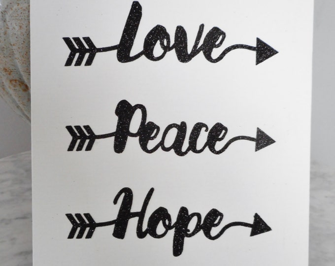 Love Peace Hope Black Glitter Print on White Canvas Panel Wall Art, Love Wall Art, Quote Decor, Housewarming, Ouote Art Print, Inspirational